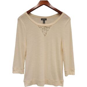 Lauren Ralph Lauren Lightweight 3/4 Sleeve Top Lace Embroidery Ivory XL